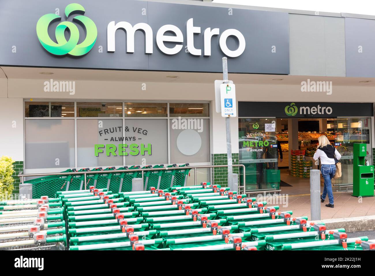 Woolworths supermercato della metropolitana in Avalon Beach Sydney, i carrelli per lo shopping all'esterno sono realizzati ciascuno da 152 bottiglie di latte riciclato, Australia Foto Stock