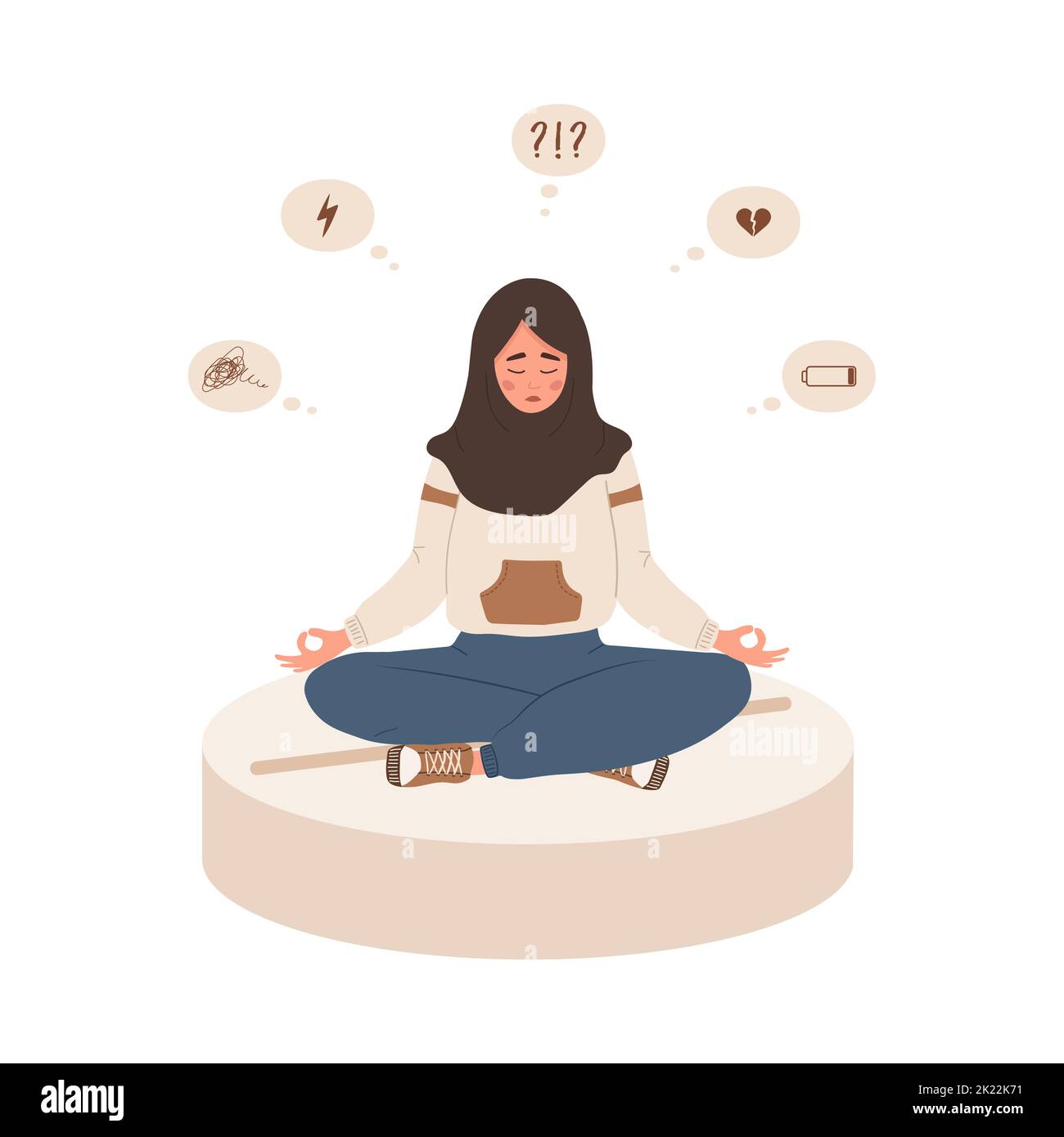 Triste ragazza islamica è seduta su una grande pillola. Farmaci contro la depressione. Donna infelice ha bisogno di aiuto medico. Concetto di malattia psicologica. Illustrazione vettoriale nella Illustrazione Vettoriale