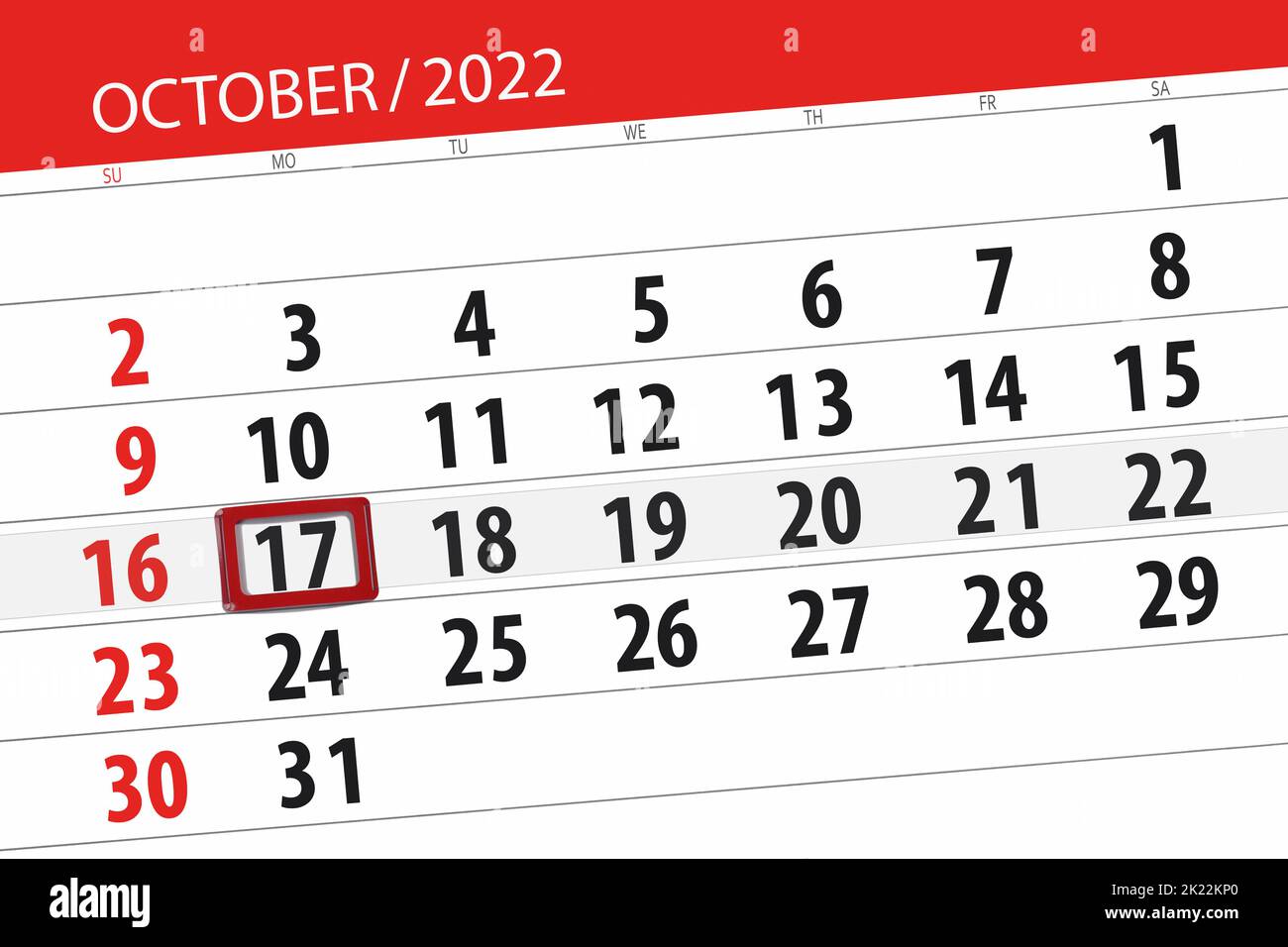 Calendario 2022, scadenza, giorno, mese, pagina, organizzatore, data, ottobre, lunedì, numero 17. Foto Stock