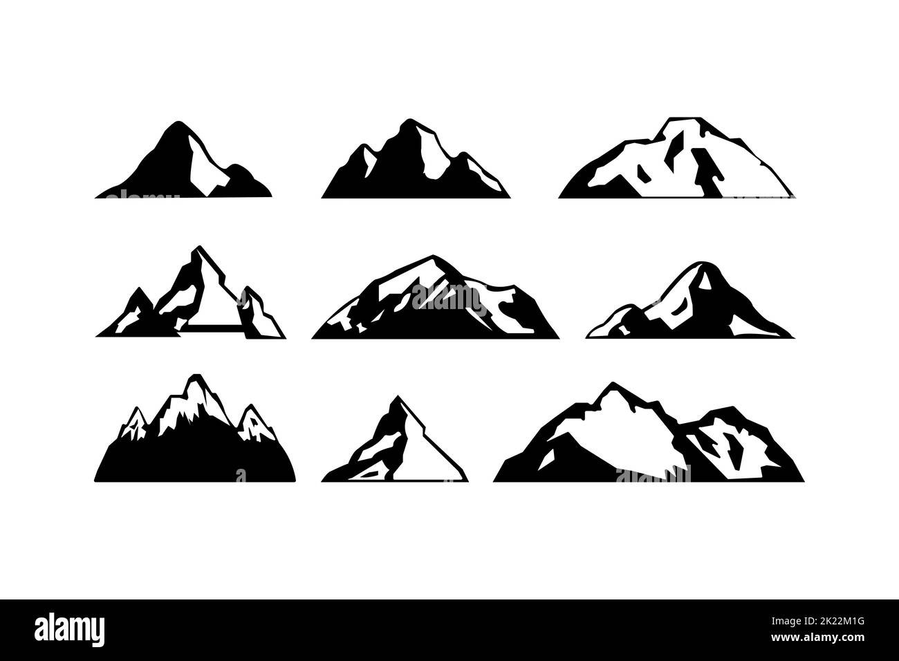 Silhouette di montagna Collezione clip-art, isolata su sfondo bianco. Illustrazione Vettoriale