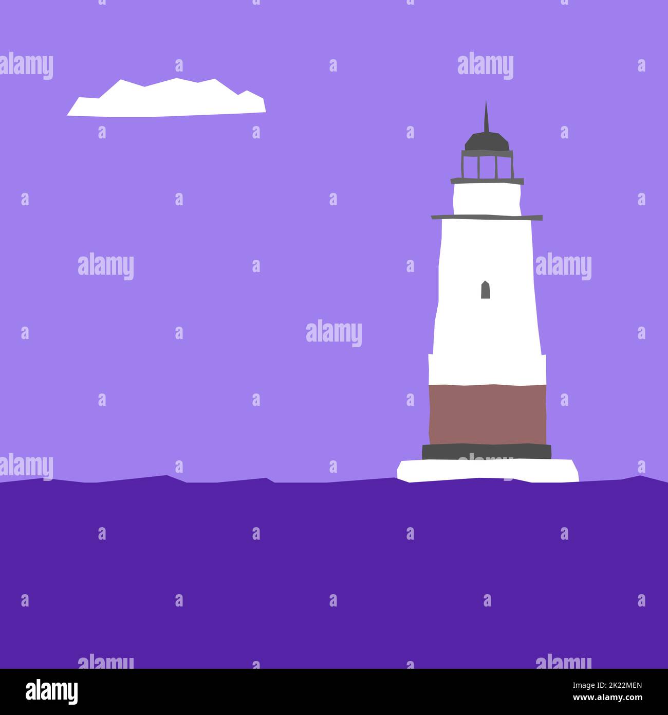 Illustrazione vettoriale in stile piatto con mare blu e nuvola sul cielo. Il faro bianco solitario si trova sull'isola. Design geometrico minimalista. Illustrazione Vettoriale