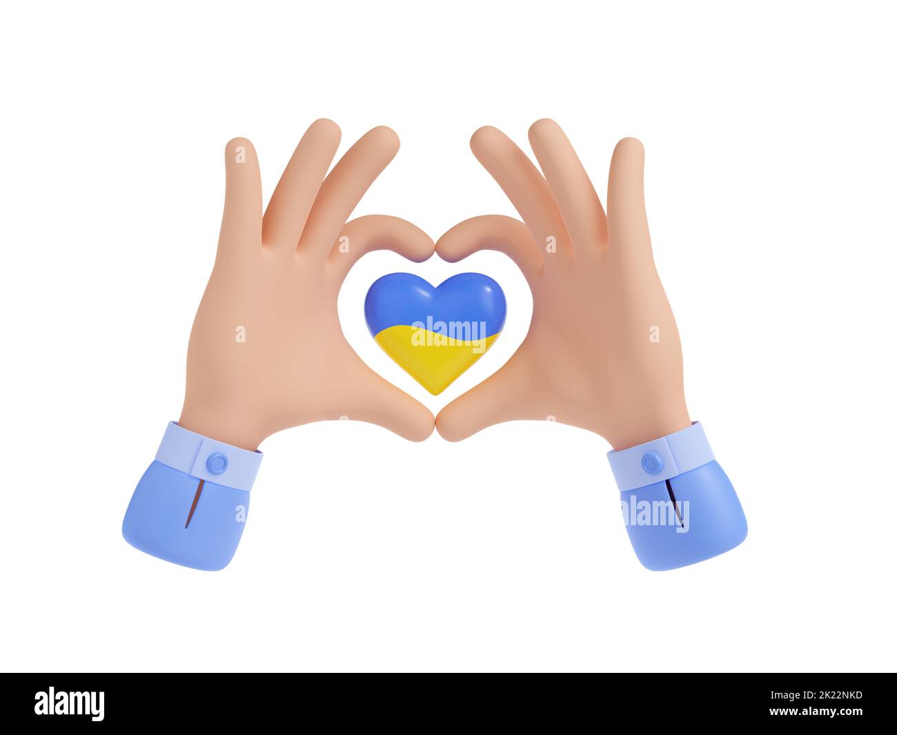 Amore mani gesto con cuore con bandiera di Ucraina. Icona con le braccia umane che fanno simbolo del cuore e bandiera Ucraina. Concetto di cura, sostegno alla pace, 3D rendering illustrazione Foto Stock