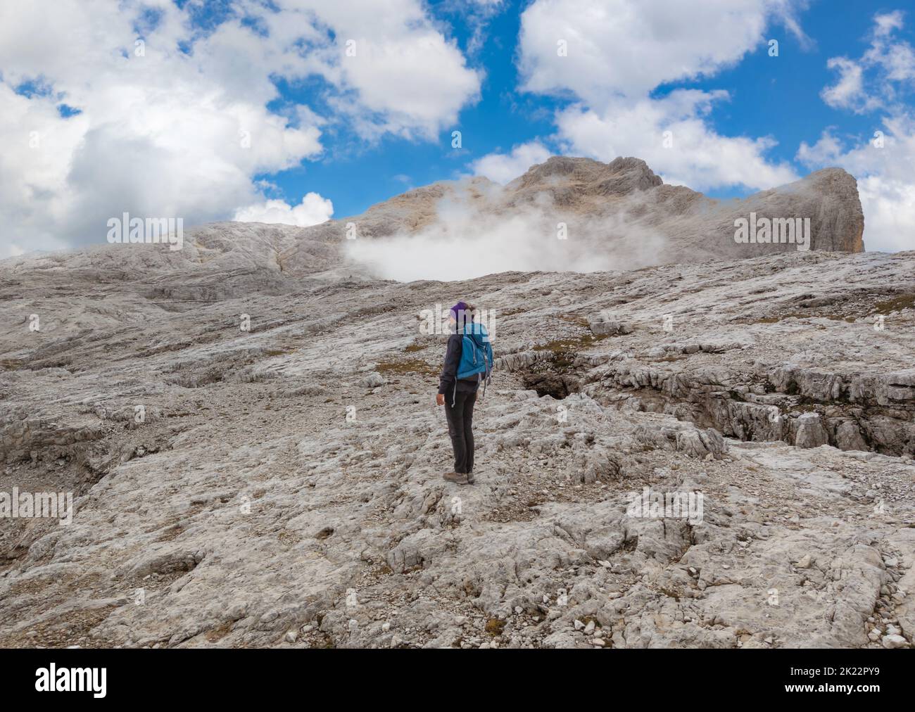 Dolomiti (Italia) - una veduta panoramica della catena montuosa delle Dolomiti, patrimonio mondiale dell'UNESCO, in Veneto e Trentino Alto Adige. Qui gruppo pale di San Martino Foto Stock