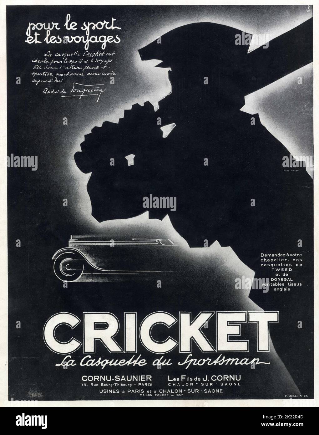 Publicité ancienne CRICQUET LA CASQUETTE DU SPORTSMAN. 1929 sport Foto Stock