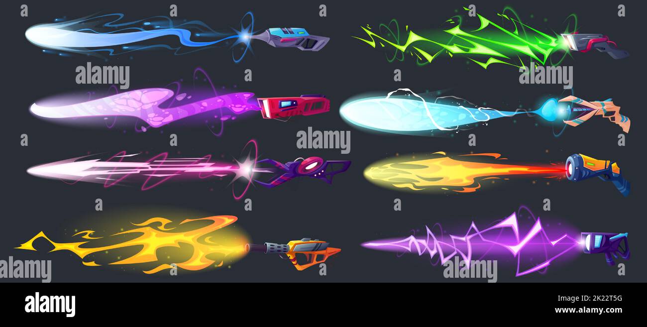 Sparatutto e pistole spaziali con effetto sparo con raggi laser, fuoco e plasma. Collezione di cartoni animati vettoriali di armi alieni futuristiche con raggi di energia, fulmini e flash Illustrazione Vettoriale