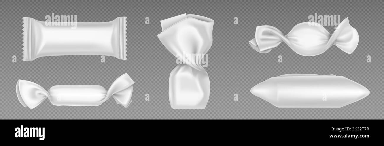 Confezioni bianche di caramelle e cioccolatini, 3D confezioni di plastica bianca. Mockup vettoriale realistico di impacchi dolci, modello vuoto di impacchi per bonbon, snack e caramelle di zucchero duro Illustrazione Vettoriale