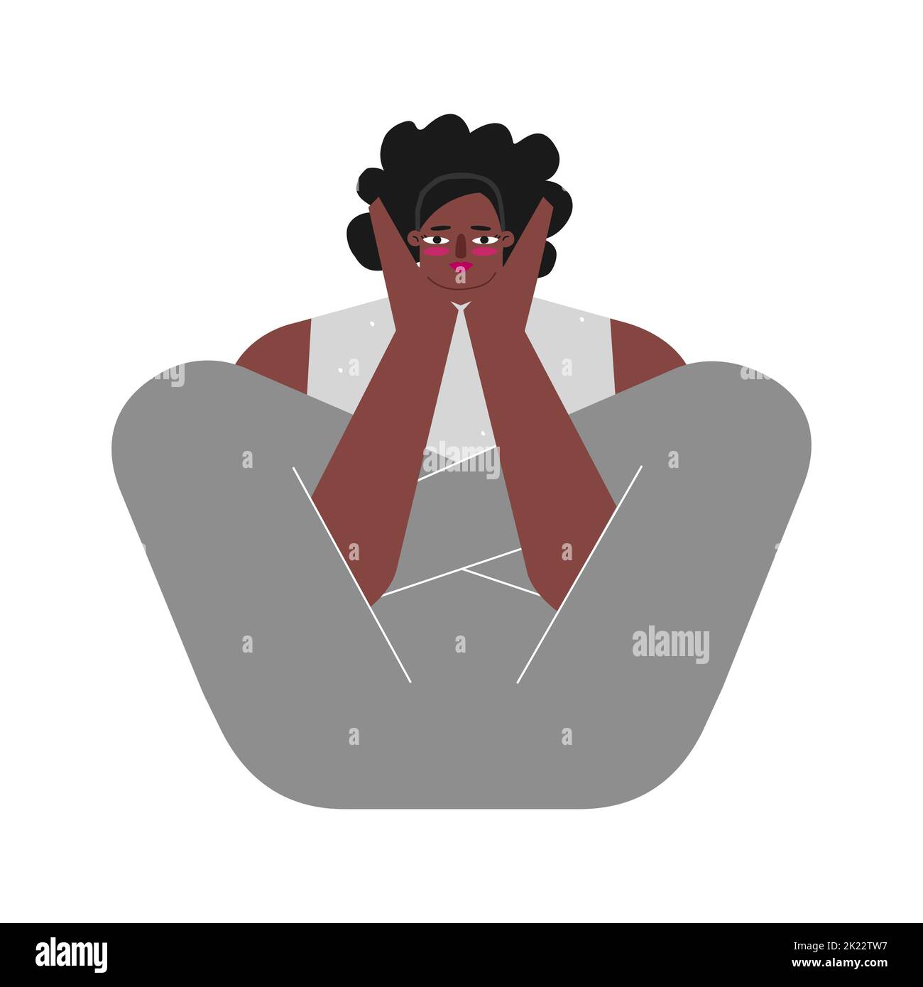 Concetto di isolamento vettoriale con carattere afroamericano piatto. La donna sportiva positiva al corpo impara la postura stretching e fa l'embrione nella posa dell'utero a y Illustrazione Vettoriale