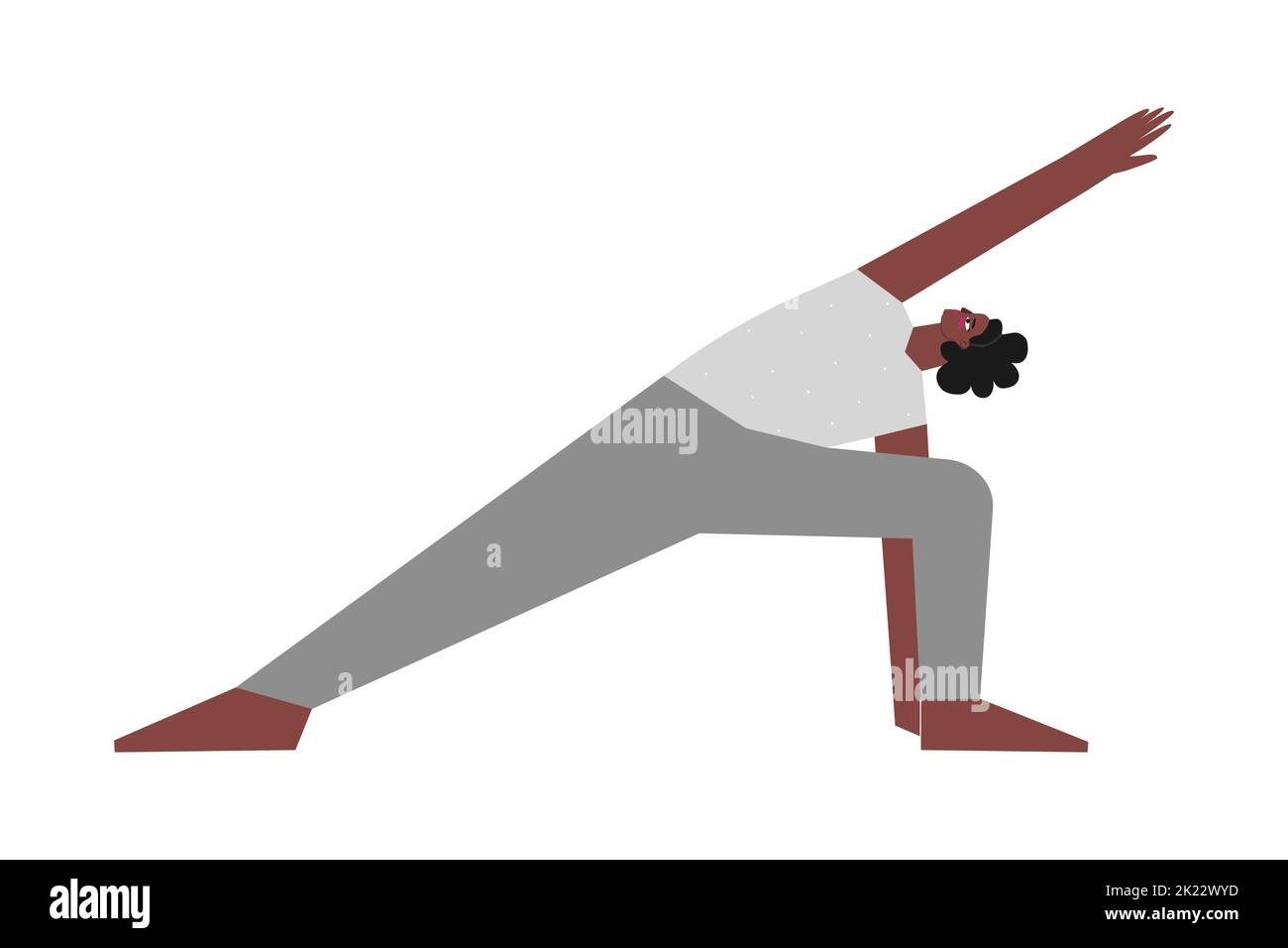Illustrazione con isolamento vettoriale con carattere femmina piatto. La donna afroamericana sportiva impara la postura in piedi Utthita Parsvakonasana alla lezione di yoga. Illustrazione Vettoriale