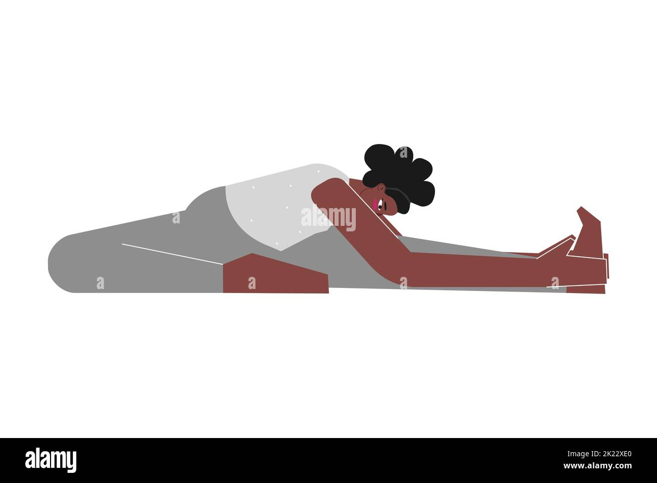 Illustrazione isolata da vettore con carattere afro-americano femmina piatto. Donna sportiva impara la postura Janu Sirsasana durante la lezione di yoga. Esercizio di fitness Illustrazione Vettoriale