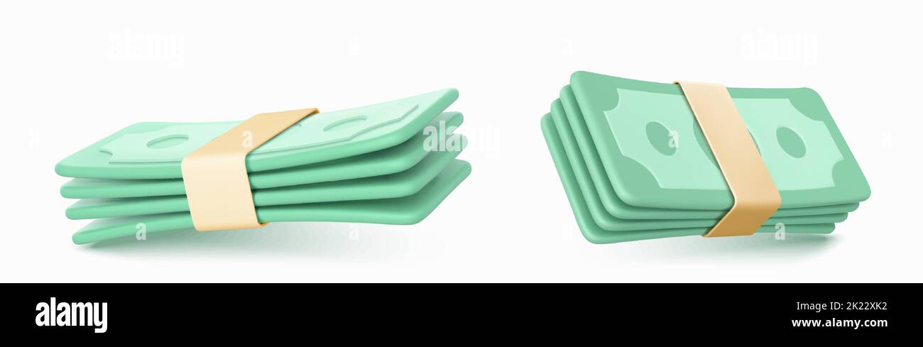 Carta moneta contanti, pacchetti di banconote in dollari isolati su sfondo bianco. 3d icone di valuta bancaria, pacchi di fatture verdi. Illustrazione vettoriale di finanza, economia, risparmio Illustrazione Vettoriale