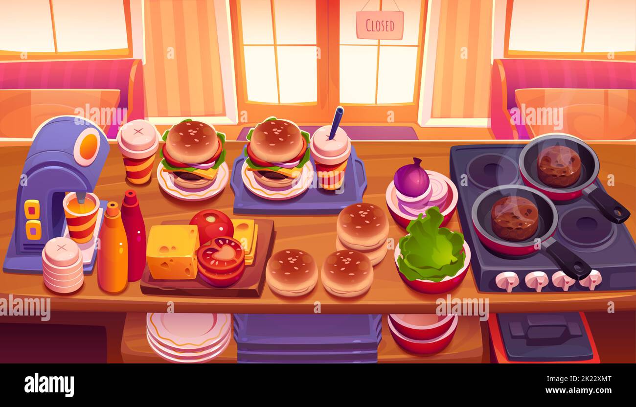 Fast food, caffè all'interno, scrivania in legno con vista dall'alto, ingredienti e prodotti da cucina. Macchina da caffè, hamburger su vassoio, forno con padelle e cutlet, piatti, tagliere, Cartoon Vector Illustration Illustrazione Vettoriale