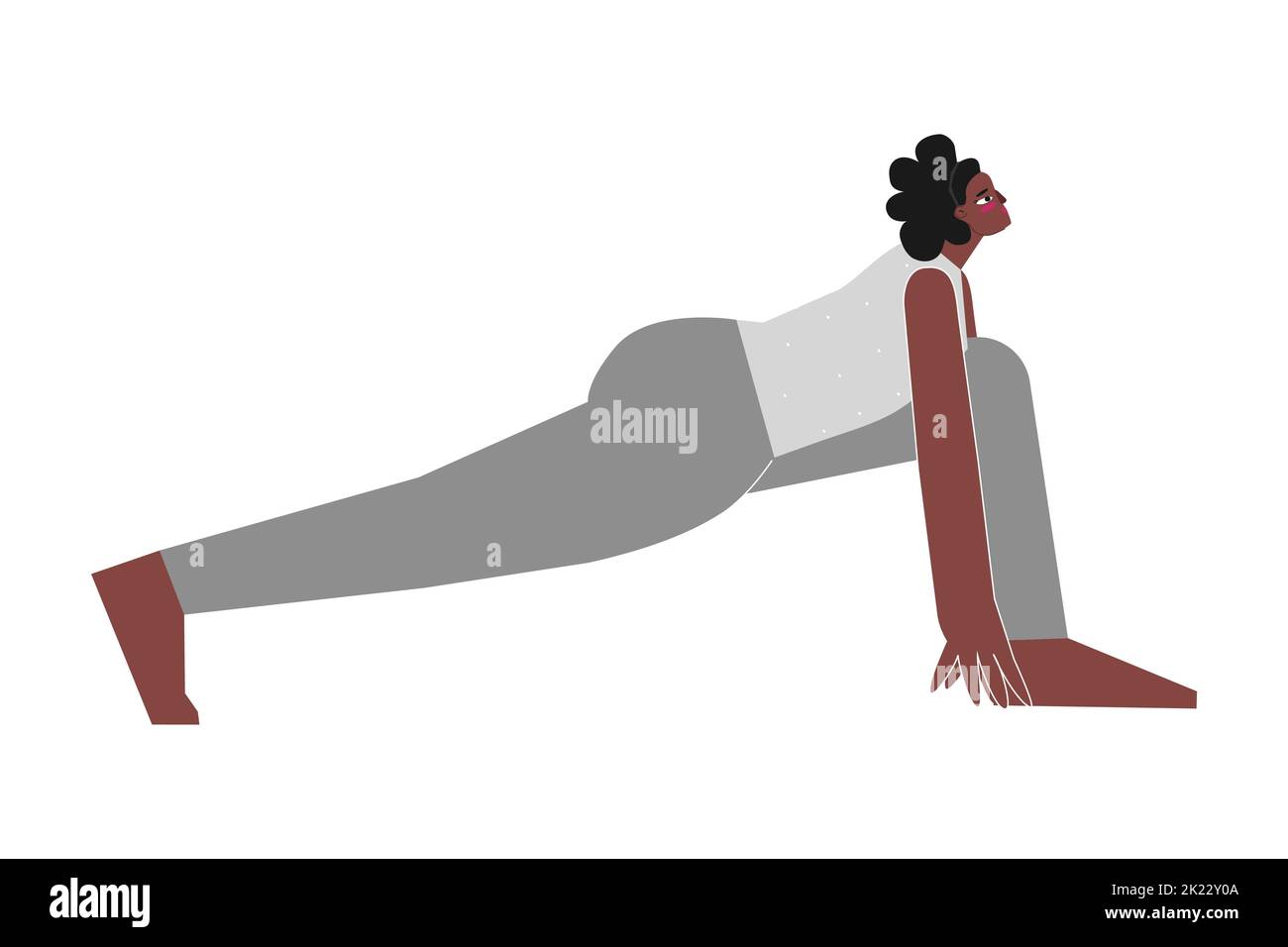 Illustrazione isolata da vettore con carattere afro-americano femmina piatto. Donna sportiva impara la postura in piedi durante la lezione di yoga. Esercizio fitness - Hig Illustrazione Vettoriale