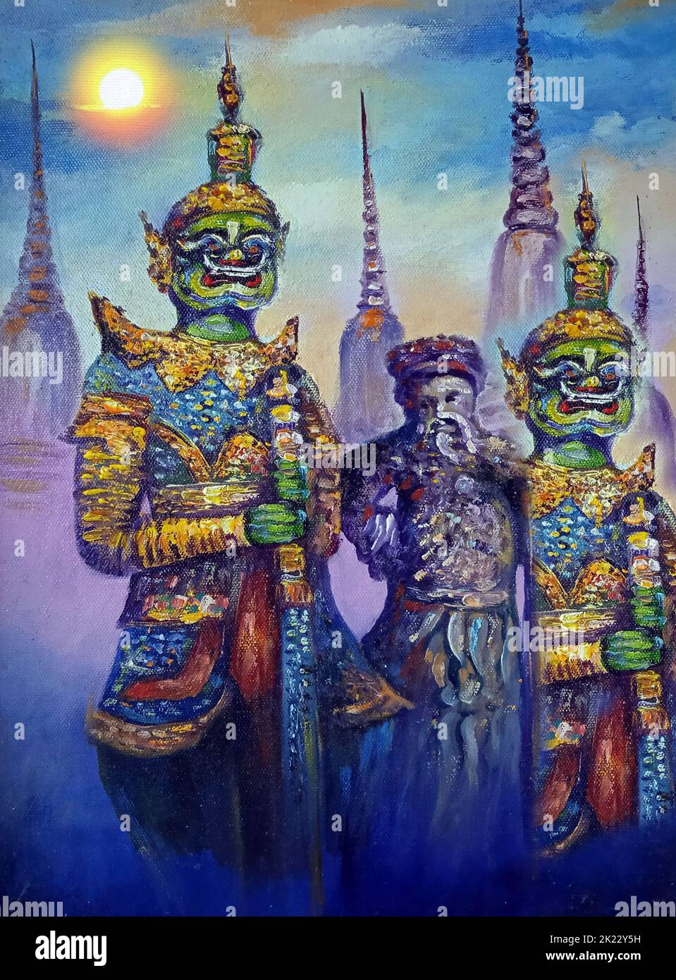 Pittura ad olio Grand Palace bangkok Thailandia, Ramayana story, giganti guardiani Foto Stock