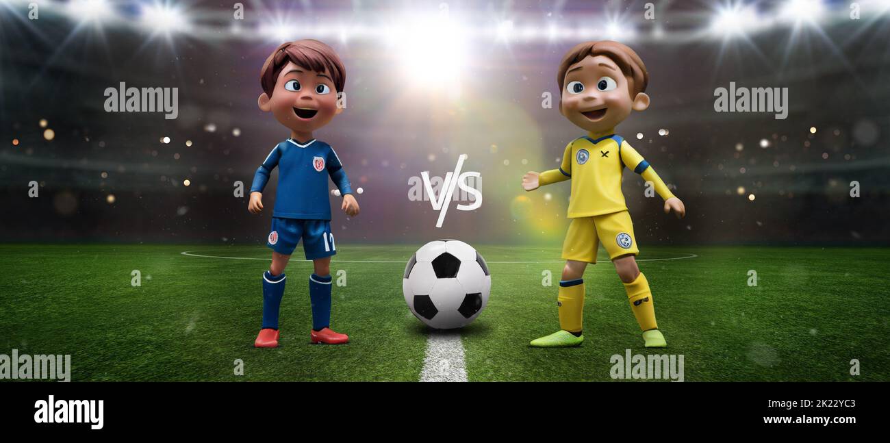 Un pallone da calcio e giocatore di calcio come un personaggio cartoon nello stadio prima del gioco con copyspace squadra, 3D Illustrazione Foto Stock