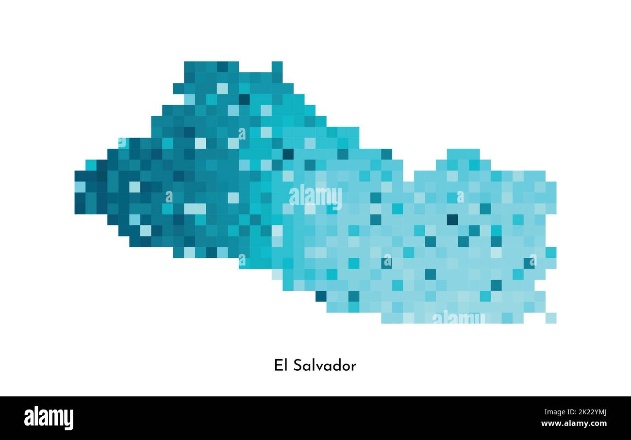 Illustrazione geometrica con isolamento vettoriale con silhouette blu ghiaccio semplificata della mappa di El Salvador. Stile pixel art per il modello NFT. Logo punteggiato con grad Illustrazione Vettoriale