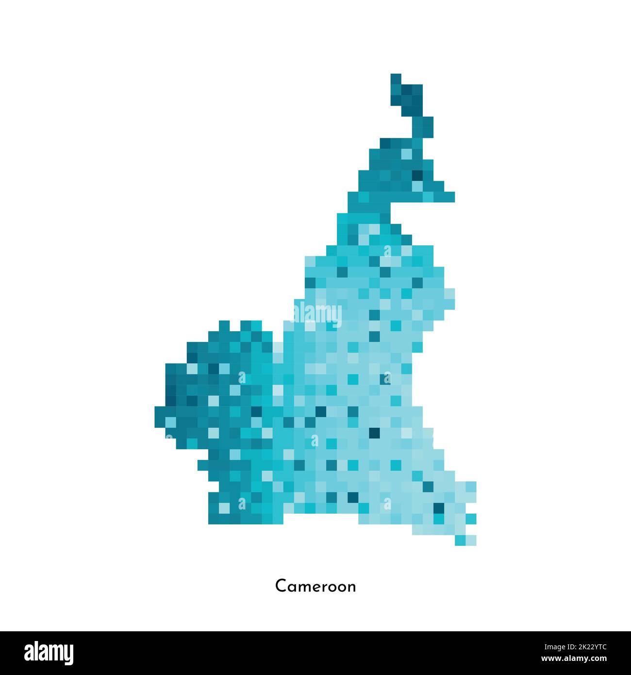 Illustrazione geometrica isolata da vettore con silhouette blu ghiaccio semplificata della mappa del Camerun. Stile pixel art per il modello NFT. Logo punteggiato con sfumature Illustrazione Vettoriale