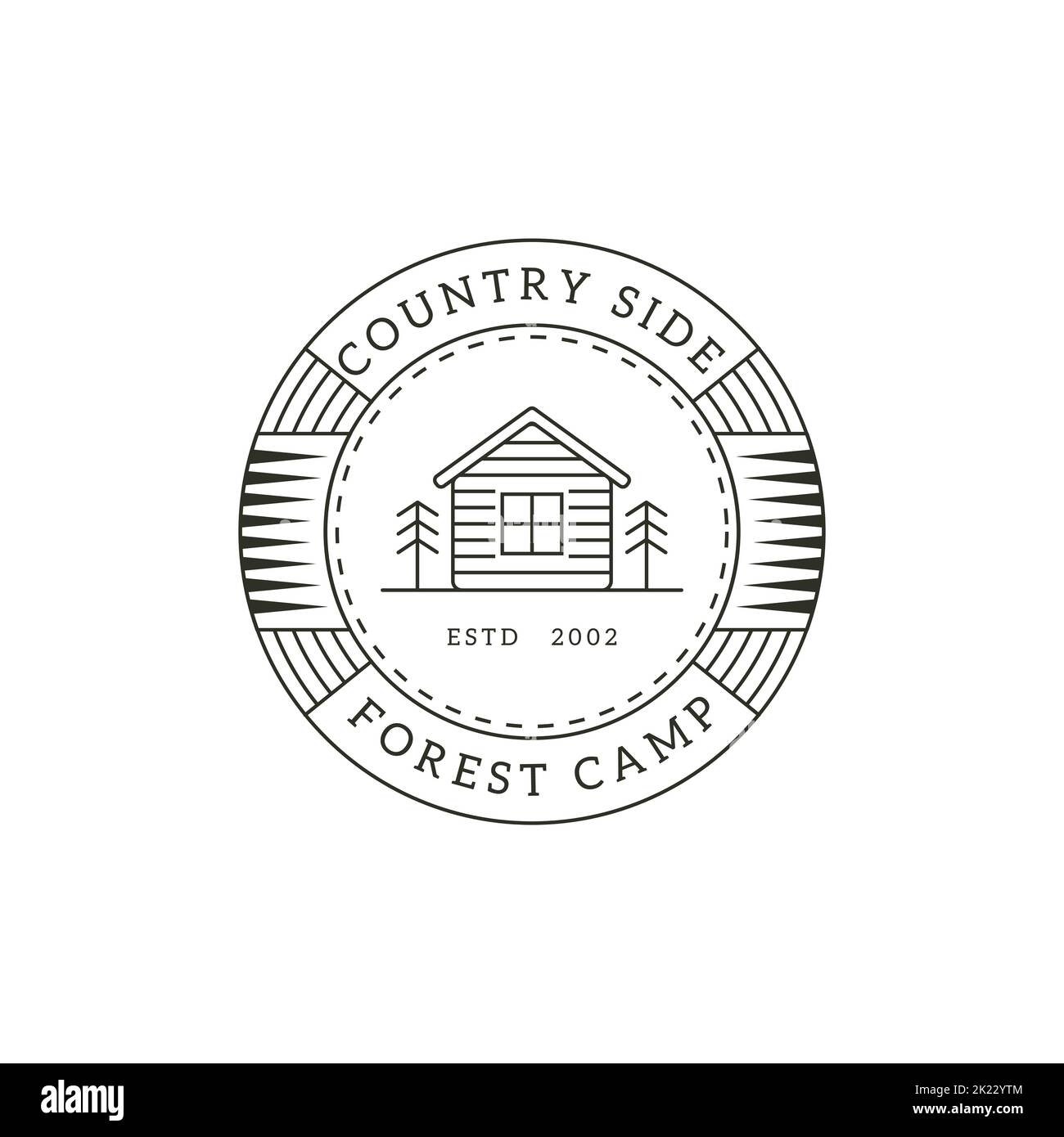 Linea minimalista arte campagna foresta campo logo vettore badge, architettura tradizionale edificio illustrazioni vettoriali Illustrazione Vettoriale