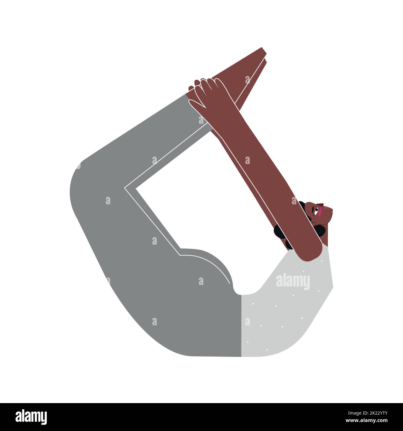 Illustrazione isolata da vettore con carattere afro-americano femmina piatto. Esercizio sportivo - posizione dell'aratro. Donna forte impara la postura di apertura del petto Dhan Illustrazione Vettoriale