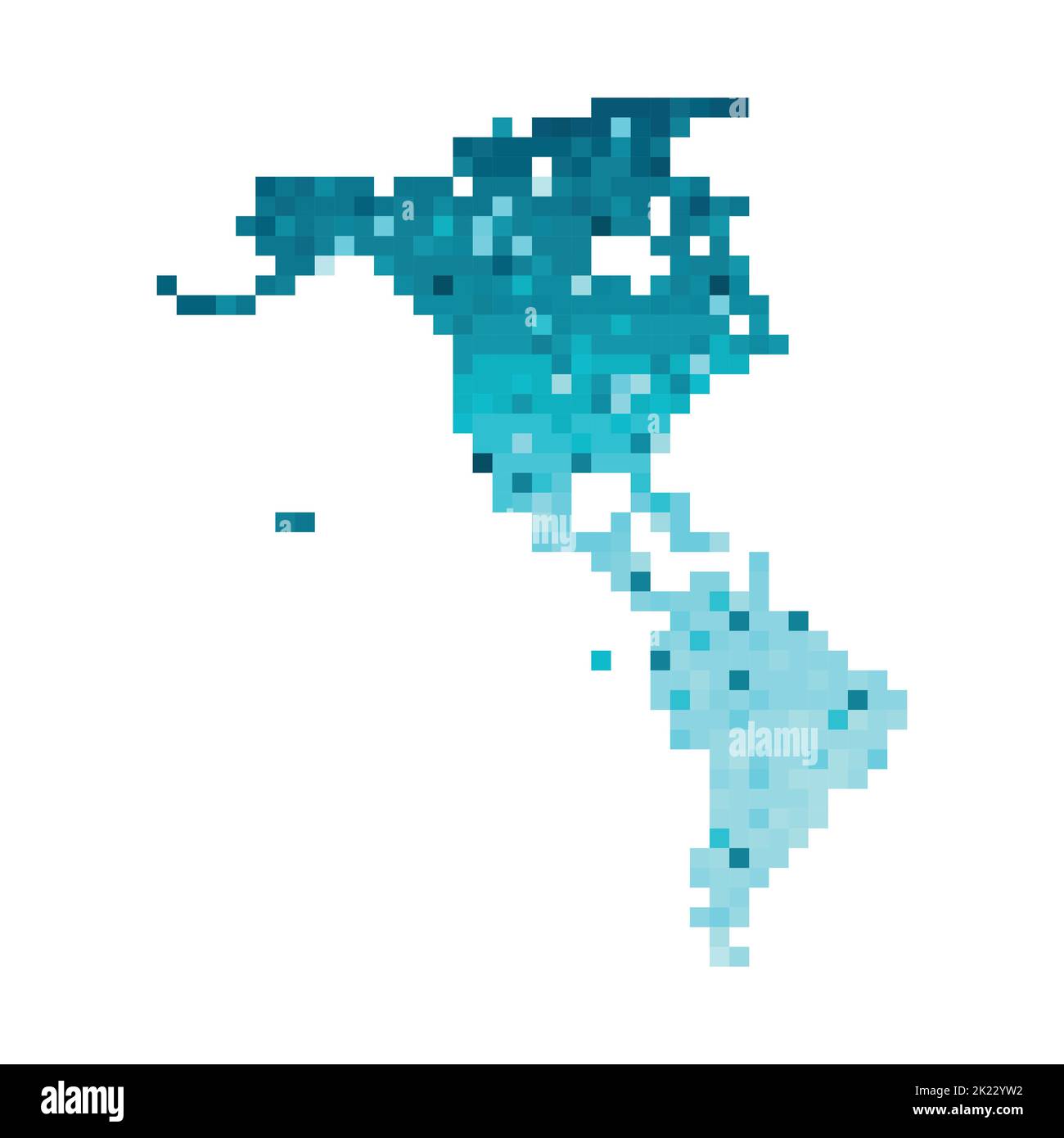 Illustrazione geometrica con isolamento vettoriale con sagoma blu ghiaccio semplificata della mappa del Nord e del Sud America (continente). Stile pixel art per il templat NFT Illustrazione Vettoriale