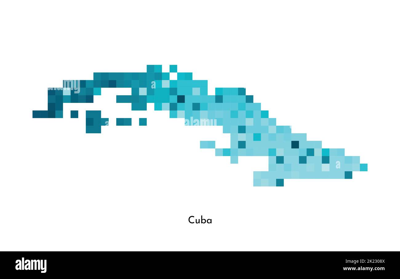 Illustrazione geometrica isolata da vettore con silhouette blu ghiaccio semplificata della mappa di Cuba. Stile pixel art per il modello NFT. Logo punteggiato con sfumatura te Illustrazione Vettoriale