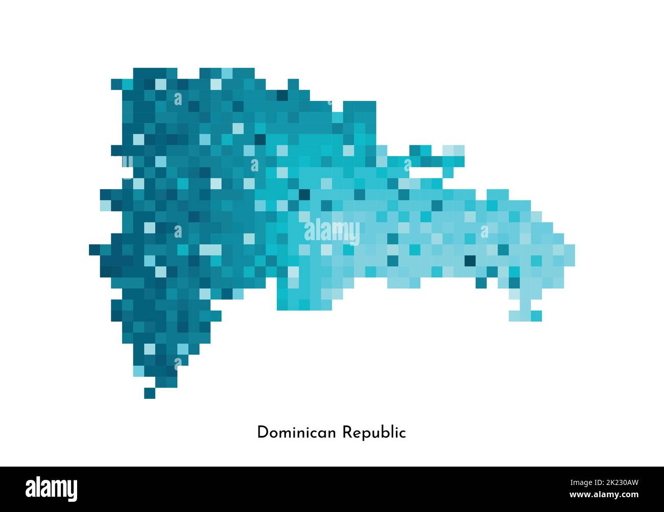 Illustrazione geometrica isolata da vettore con silhouette blu ghiaccio semplificata della mappa della Repubblica Dominicana. Stile pixel art per il modello NFT. Logo punteggiato wi Illustrazione Vettoriale