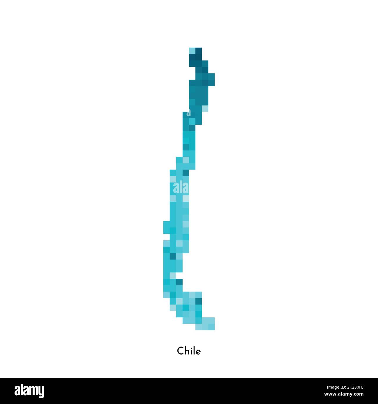 Illustrazione geometrica con isolamento vettoriale con silhouette blu ghiaccio semplificata della mappa del Cile. Stile pixel art per il modello NFT. Logo punteggiato con sfumatura t Illustrazione Vettoriale