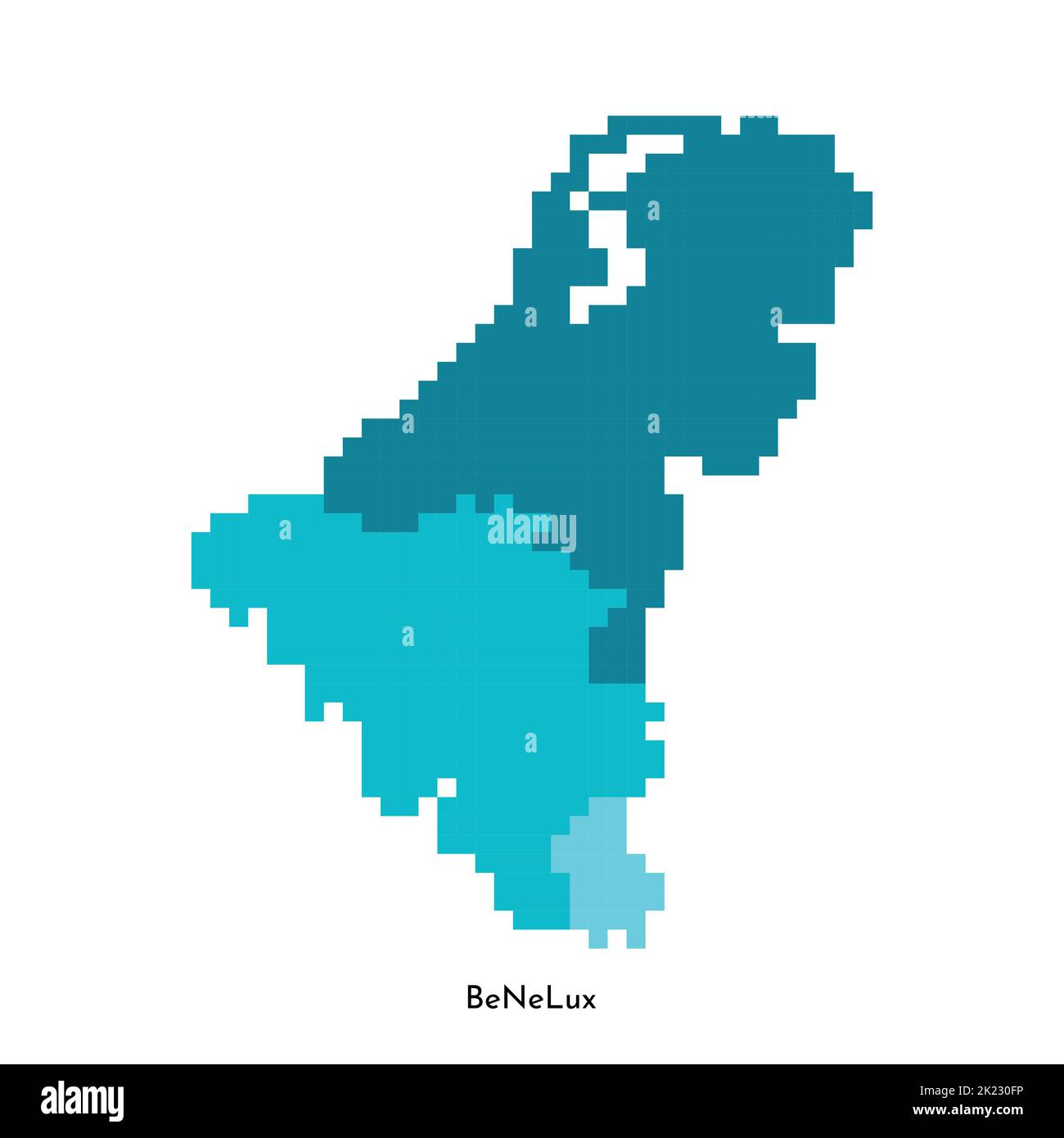 Illustrazione con isolamento vettoriale. Mappa politica semplificata degli stati dell'Unione Benelux (Belgio, Paesi Bassi, Lussemburgo). Colorate forme blu in pixel st Illustrazione Vettoriale