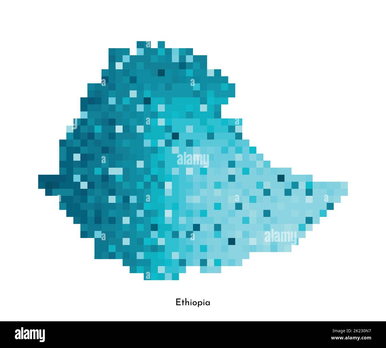 Illustrazione geometrica con isolamento vettoriale con silhouette blu ghiaccio semplificata della mappa dell'Etiopia. Stile pixel art per il modello NFT. Logo punteggiato con sfumature Illustrazione Vettoriale
