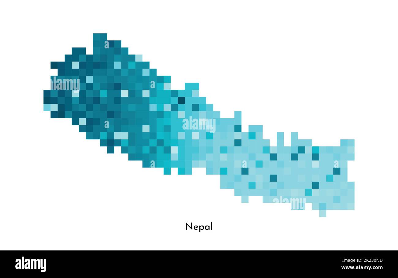 Illustrazione geometrica isolata da vettore con semplice forma blu ghiaccio della mappa del Nepal. Stile pixel art per il modello NFT. Logo punteggiato con texture sfumata fo Illustrazione Vettoriale