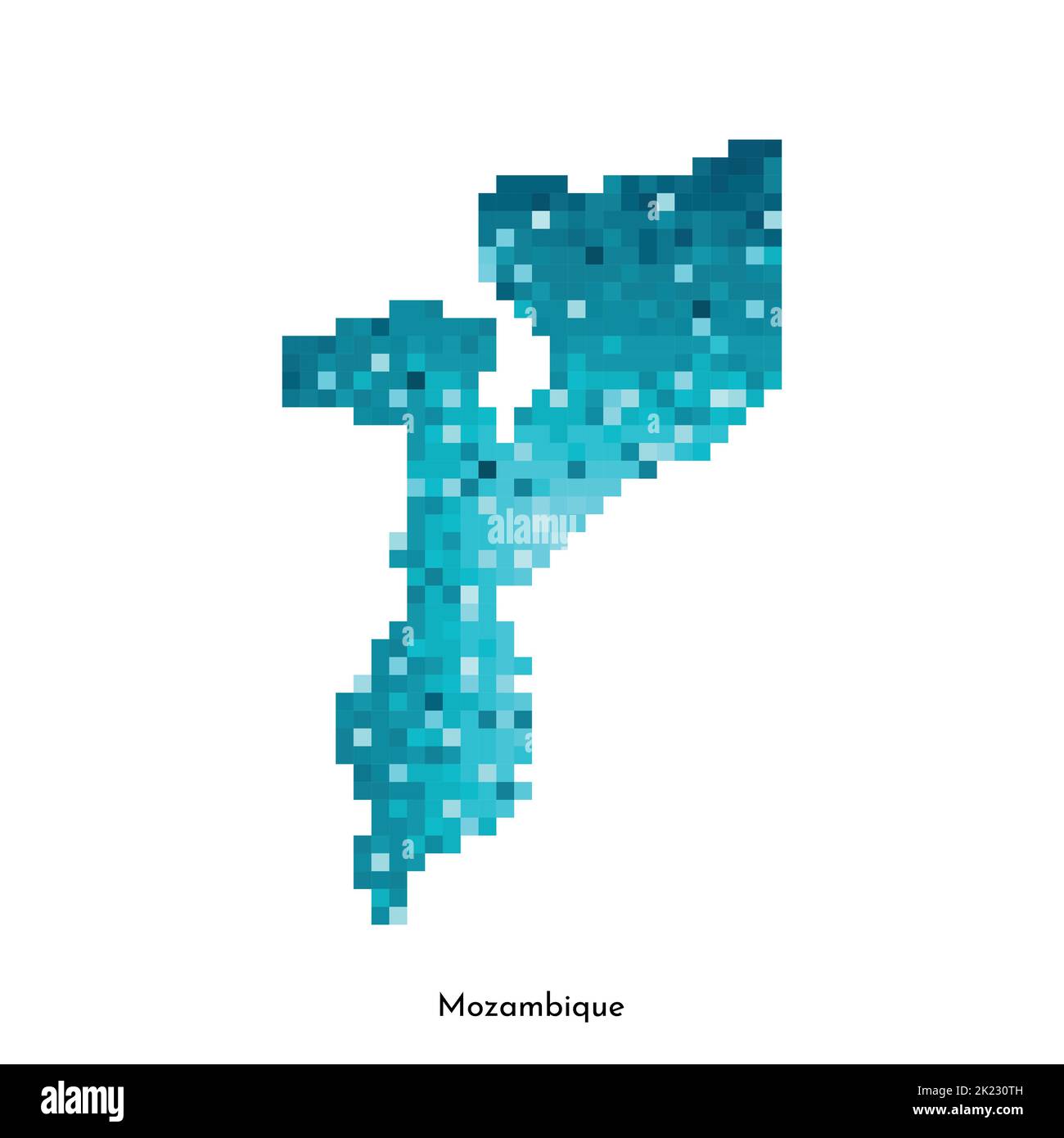 Illustrazione geometrica isolata da vettore con semplice forma blu ghiaccio della mappa del Mozambico. Stile pixel art per il modello NFT. Logo punteggiato con textu sfumato Illustrazione Vettoriale