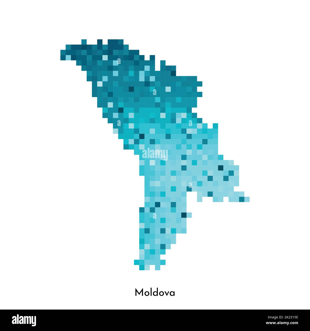 Illustrazione geometrica con isolamento vettoriale con semplice forma blu ghiaccio della mappa moldova. Stile pixel art per il modello NFT. Logo punteggiato con texture sfumata Illustrazione Vettoriale