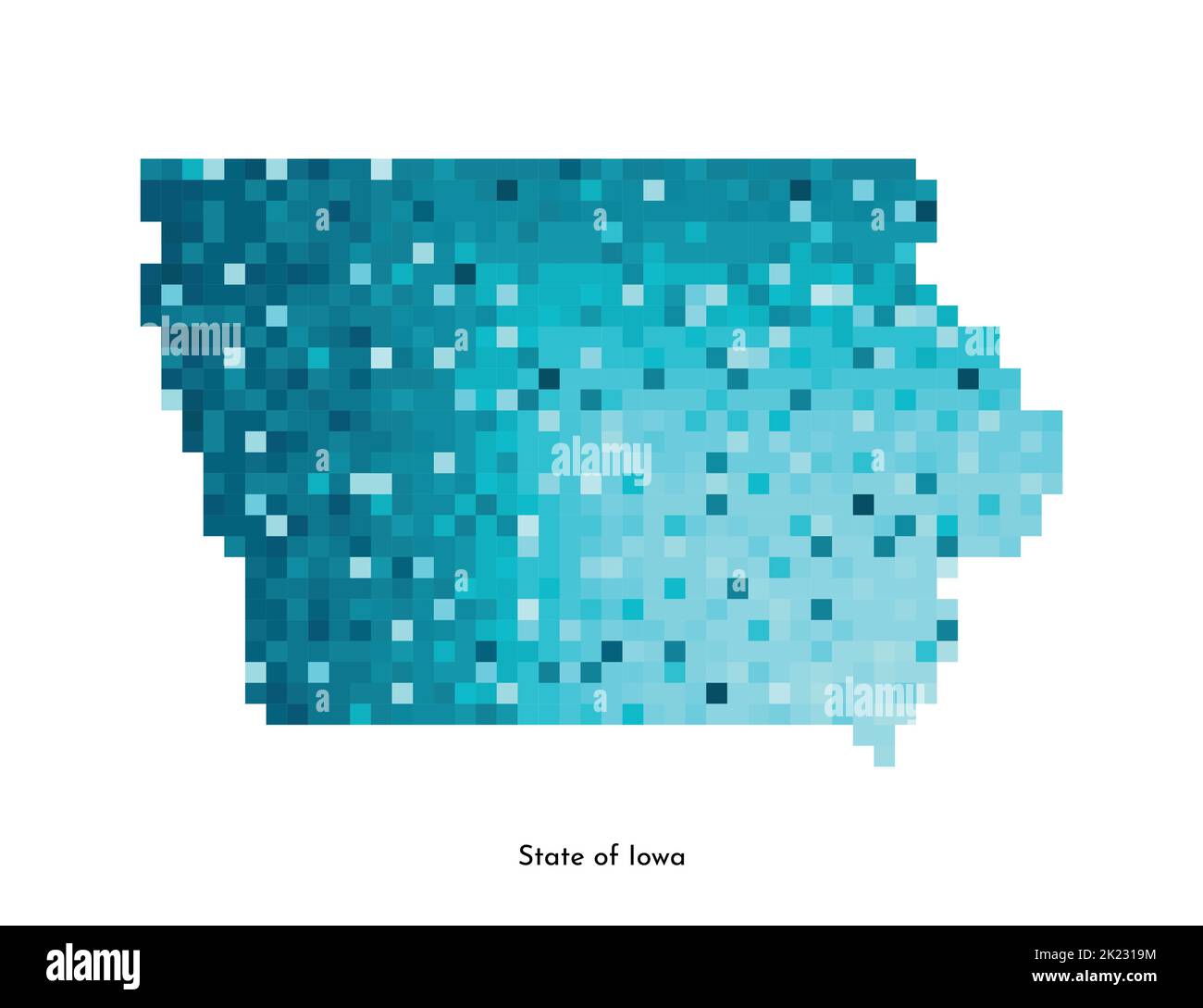 Illustrazione geometrica con isolamento vettoriale con area blu ghiaccio degli Stati Uniti - Mappa dello stato dell'Iowa. Stile pixel art per il modello NFT. Semplice logo colorato con grad Illustrazione Vettoriale