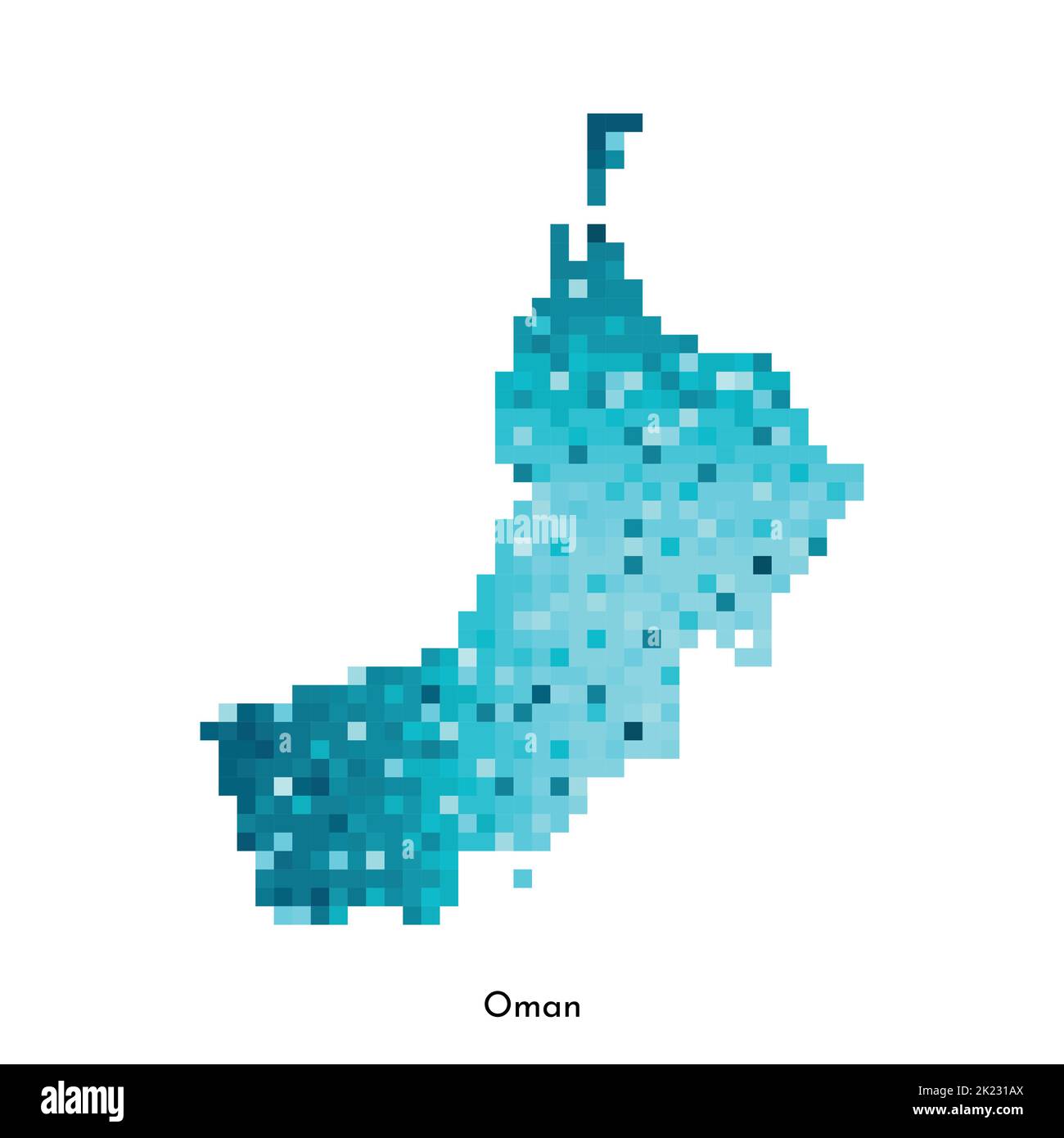 Illustrazione geometrica con isolamento vettoriale con semplice forma blu ghiaccio della mappa Oman. Stile pixel art per il modello NFT. Logo punteggiato con texture sfumata per Illustrazione Vettoriale