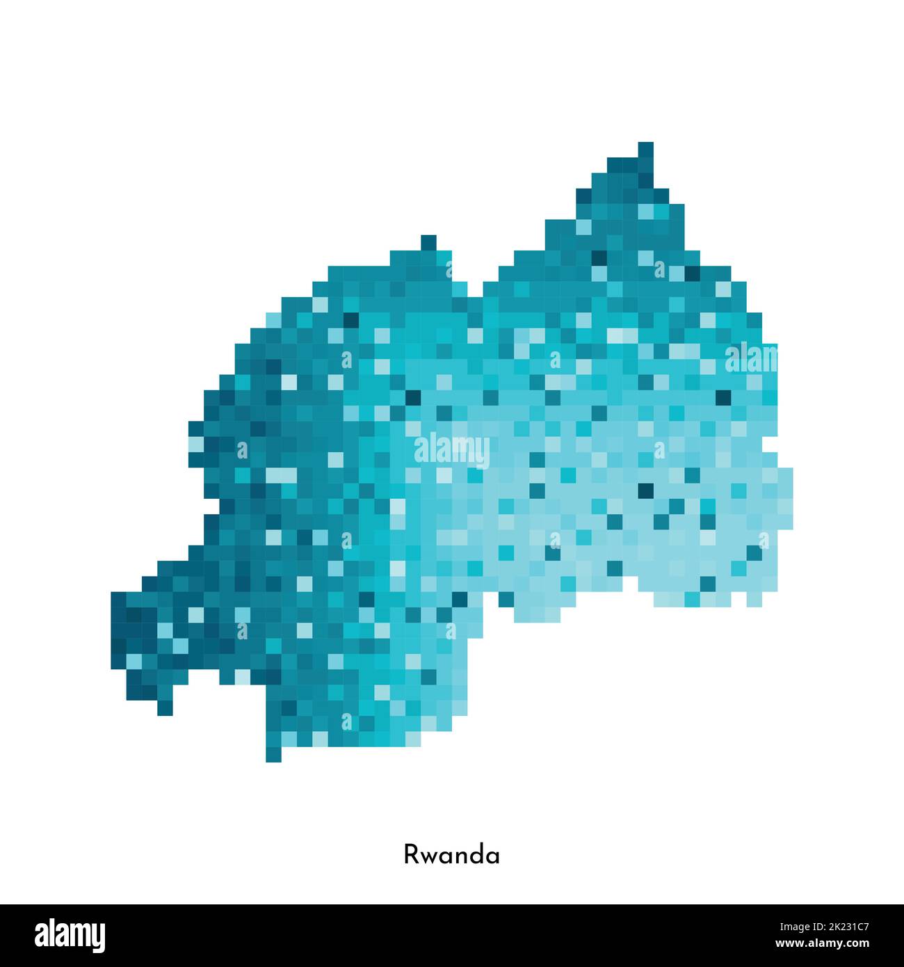 Illustrazione geometrica isolata da vettore con semplice forma blu ghiaccio della mappa del Ruanda. Stile pixel art per il modello NFT. Logo punteggiato con texture sfumata f Illustrazione Vettoriale