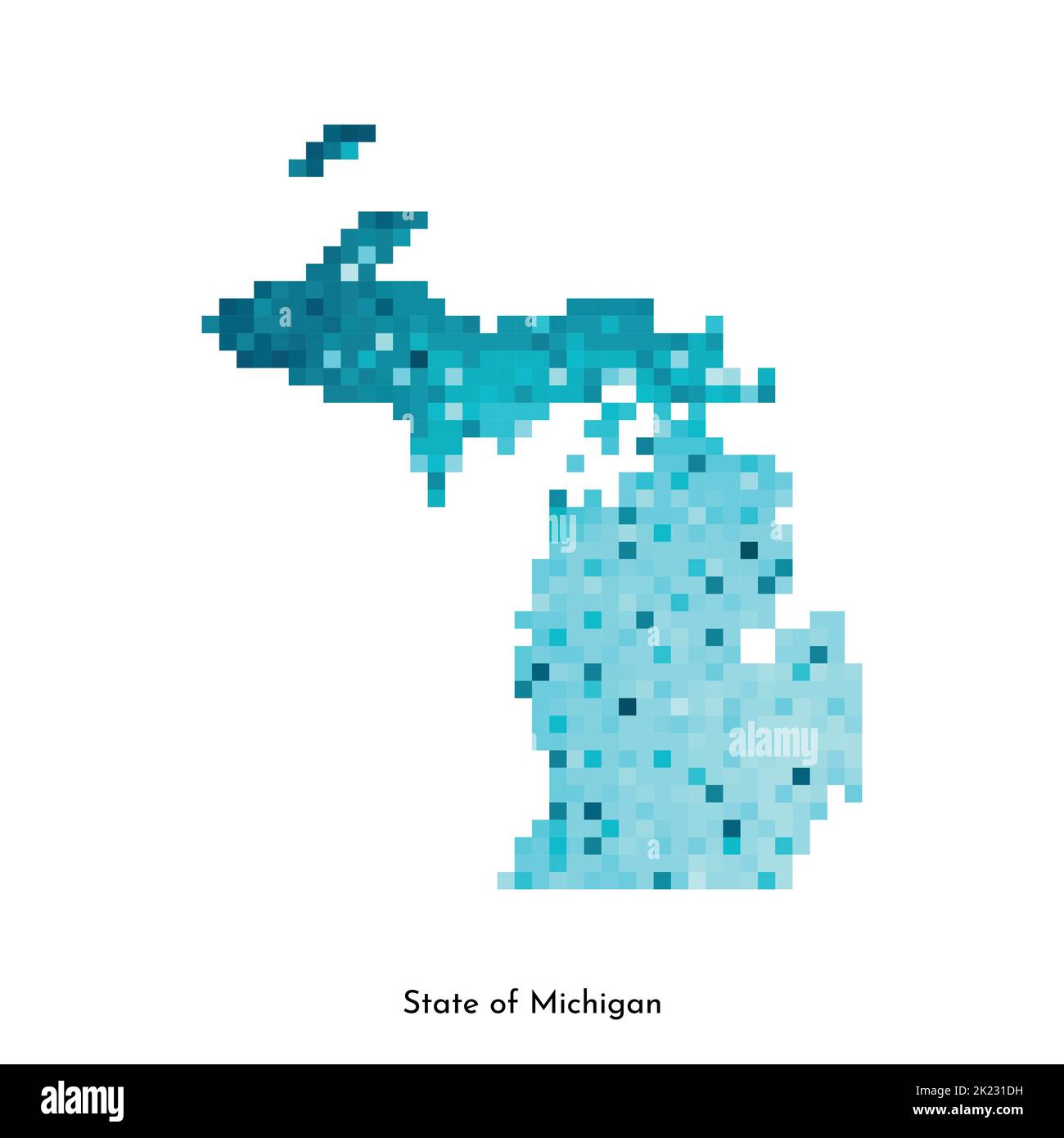 Illustrazione geometrica con isolamento vettoriale con area blu ghiaccio degli Stati Uniti - Mappa dello stato del Michigan. Stile pixel art per il modello NFT. Semplice logo colorato con Illustrazione Vettoriale