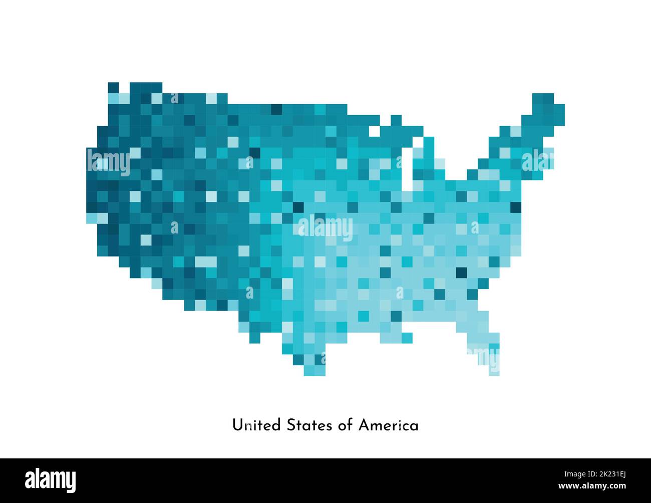 Illustrazione geometrica con isolamento vettoriale con semplice forma blu ghiaccio della mappa degli Stati Uniti d'America (US). Stile pixel art per il modello NFT. Logo punteggiato Illustrazione Vettoriale