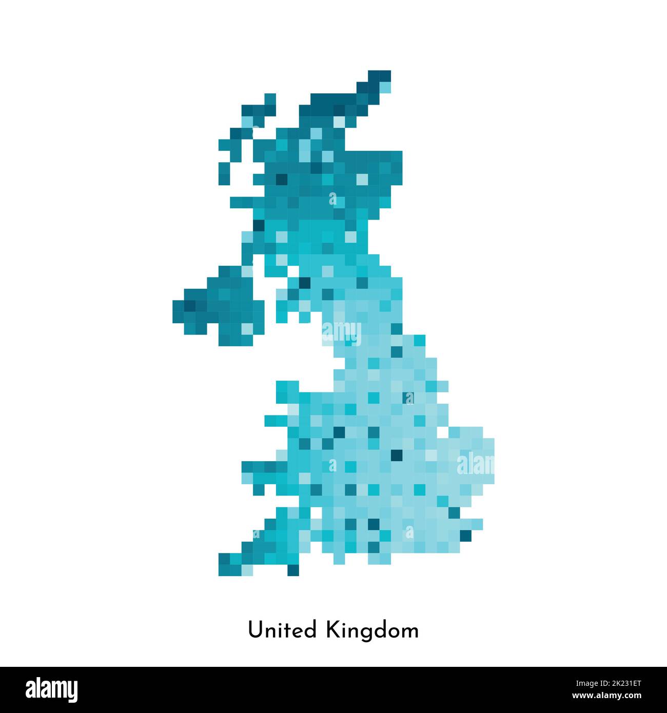Illustrazione geometrica isolata da vettore con semplice forma blu ghiaccio della mappa del Regno Unito di Gran Bretagna e Irlanda del Nord. Stile pixel art per NFT Illustrazione Vettoriale
