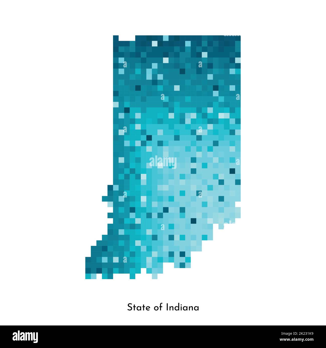 Illustrazione geometrica con isolamento vettoriale con area blu ghiaccio degli Stati Uniti - Mappa dello stato dell'Indiana. Stile pixel art per il modello NFT. Semplice logo colorato con g Illustrazione Vettoriale