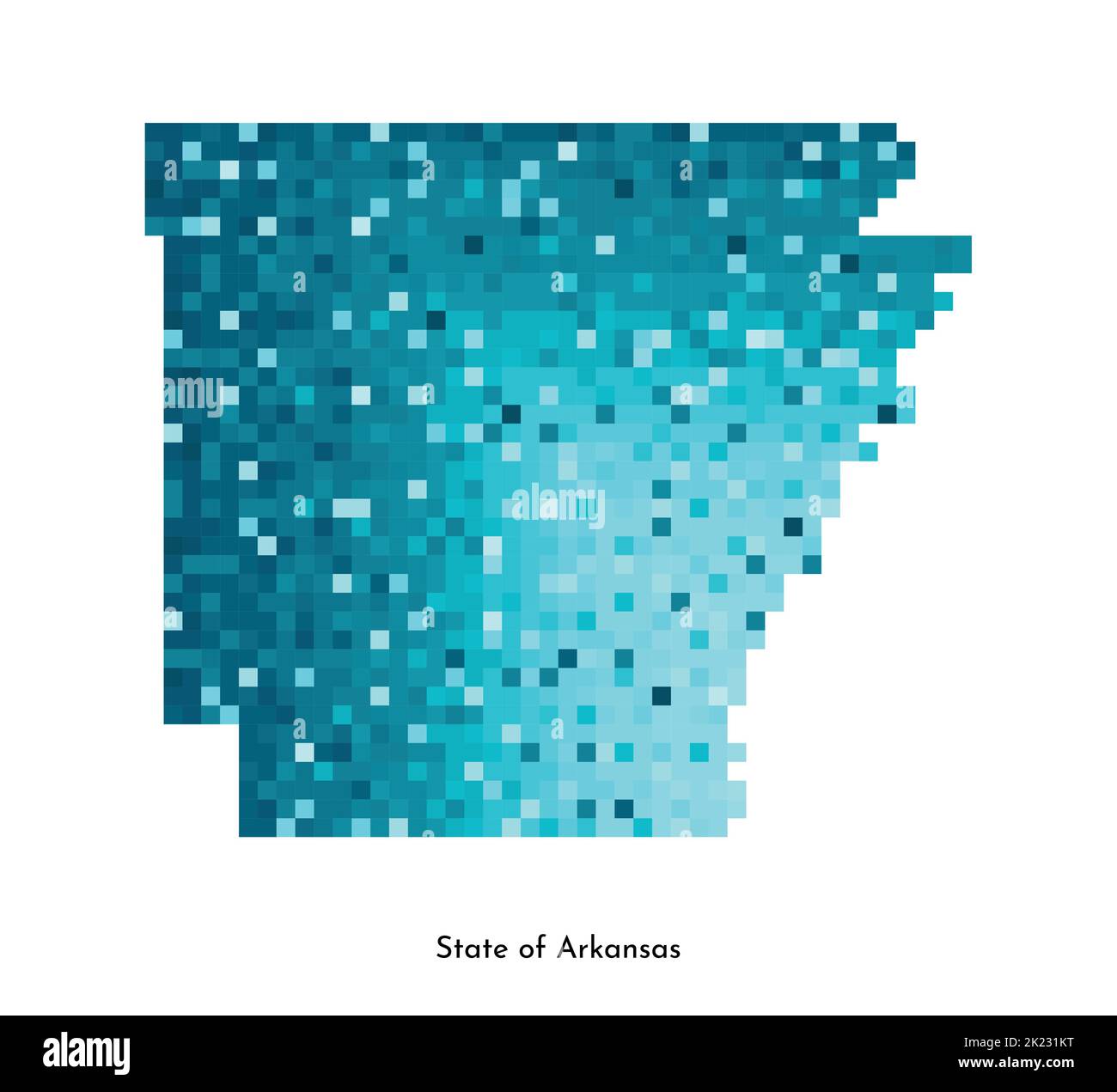 Illustrazione geometrica con isolamento vettoriale con area blu ghiaccio degli Stati Uniti - Mappa dello stato dell'Arkansas. Stile pixel art per il modello NFT. Semplice logo colorato con Illustrazione Vettoriale