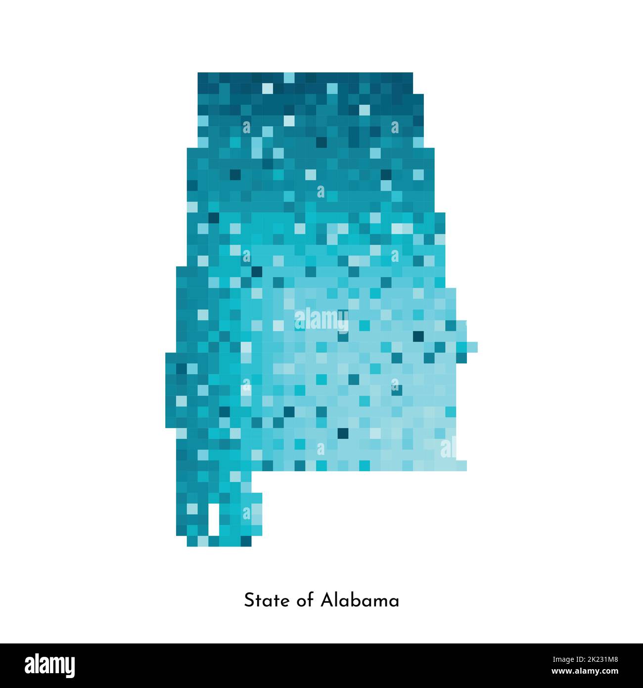 Illustrazione geometrica con isolamento vettoriale con area blu ghiaccio degli Stati Uniti - Mappa dello stato dell'Alabama. Stile pixel art per il modello NFT. Logo semplice con sfumatura t Illustrazione Vettoriale