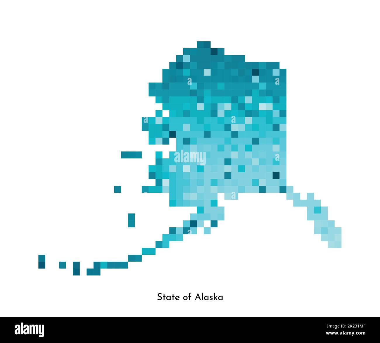 Illustrazione geometrica con isolamento vettoriale con area blu ghiaccio degli Stati Uniti - Mappa dello stato dell'Alaska. Stile pixel art per il modello NFT. Semplice logo colorato con gr Illustrazione Vettoriale