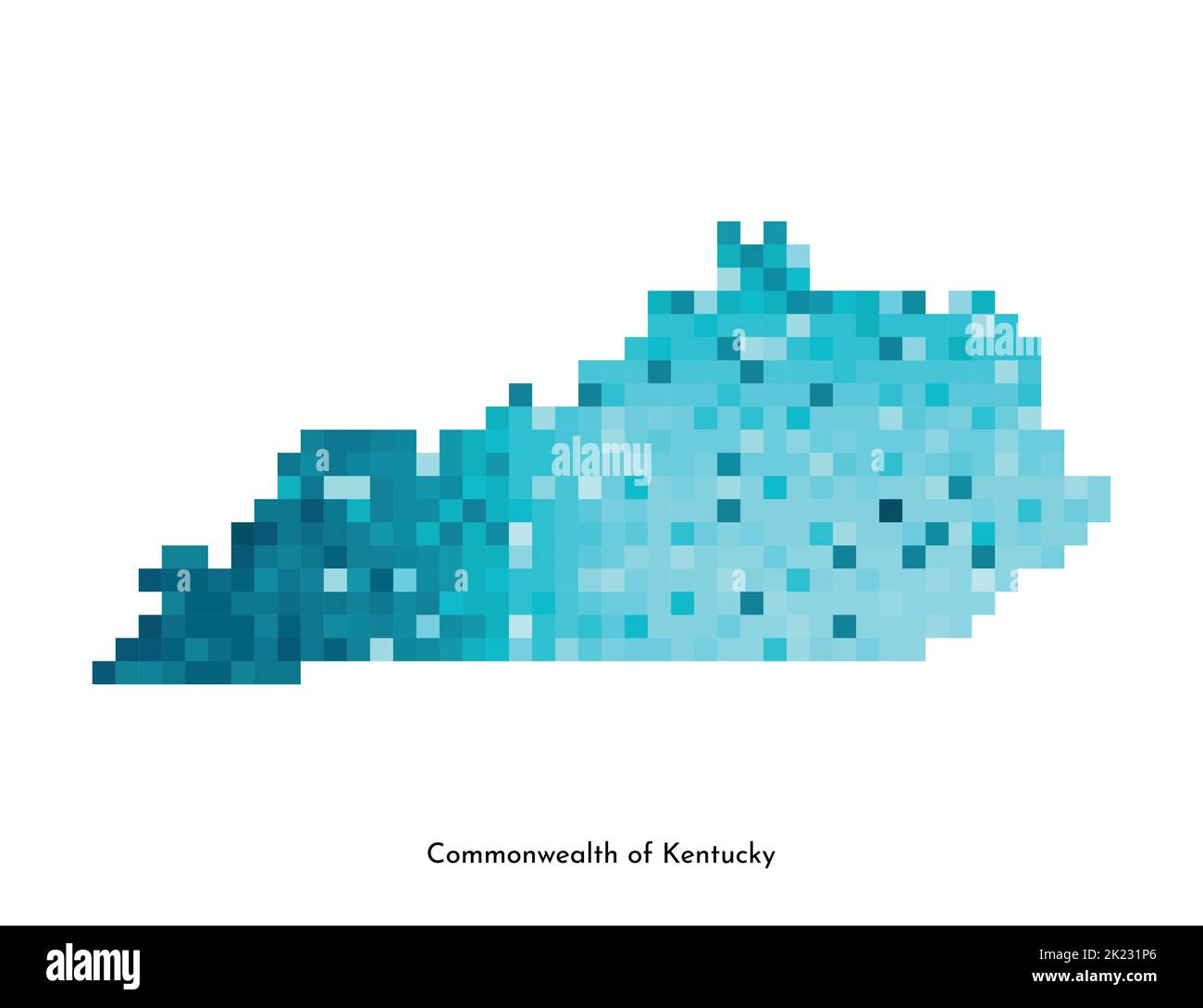 Illustrazione geometrica con isolamento vettoriale con area blu ghiaccio degli Stati Uniti - Mappa del Commonwealth of Kentucky (stato degli Stati Uniti). Stile pixel art per il modello NFT. Semplice Illustrazione Vettoriale