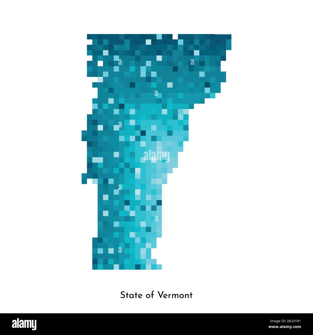 Illustrazione geometrica con isolamento vettoriale con area blu ghiaccio degli Stati Uniti - Mappa dello stato del Vermont. Stile pixel art per il modello NFT. Semplice logo colorato con g Illustrazione Vettoriale