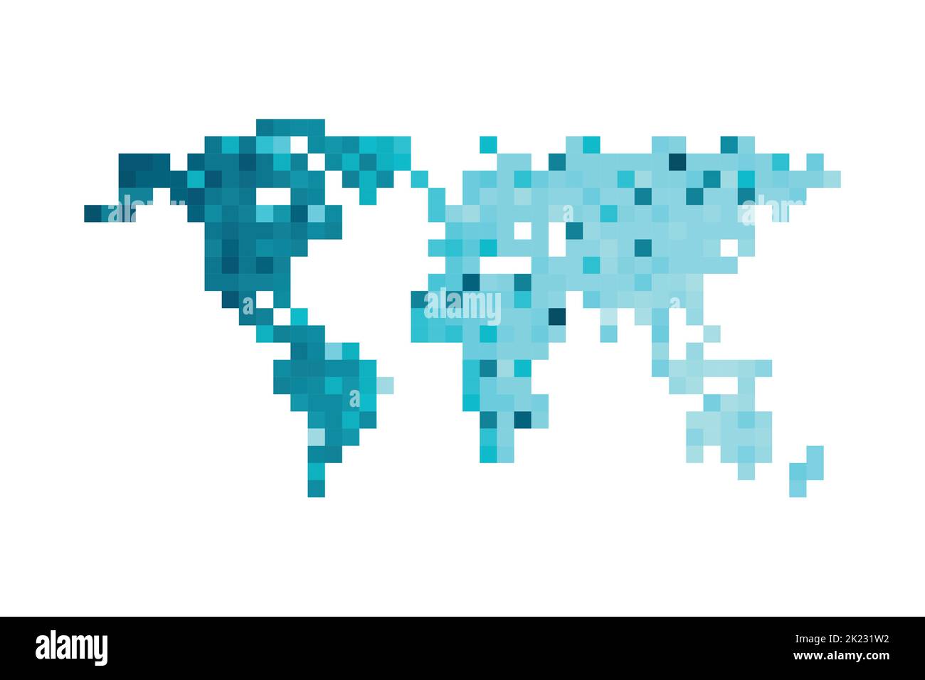 Illustrazione geometrica isolata da vettori con sagoma blu ghiaccio semplificata della mappa del mondo. Stile pixel art per il modello NFT. Logo punteggiato con sfumatura t Illustrazione Vettoriale