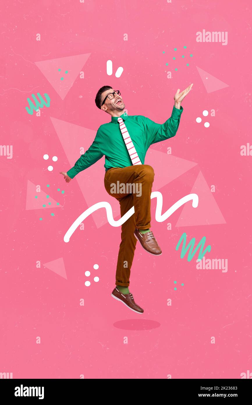 Composito collage immagine di felice ottimista uomo d'affari positivo lavoratore in ufficio godere fine settimana divertirsi relax realtà virtuale effetti visivi Foto Stock