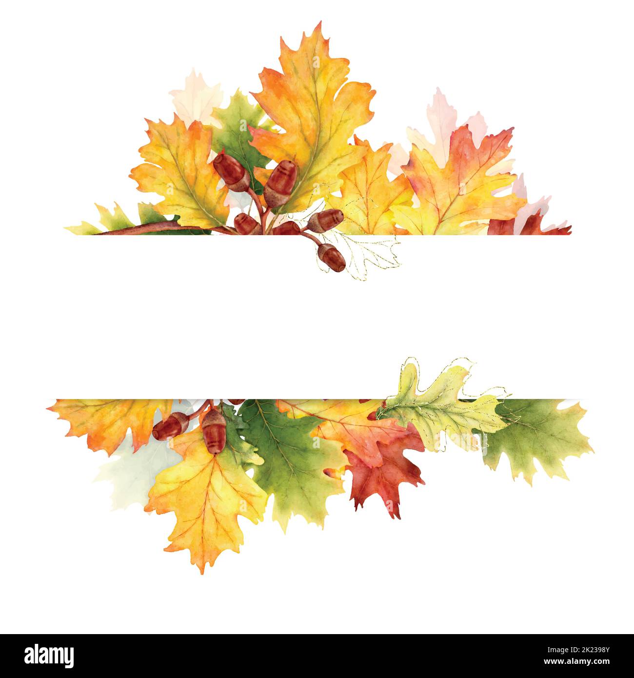 Banner acquerello di foglie autunnali e rami isolati su sfondo bianco. Illustrazione per inviti o biglietti d'auguri con spazio per il testo Illustrazione Vettoriale