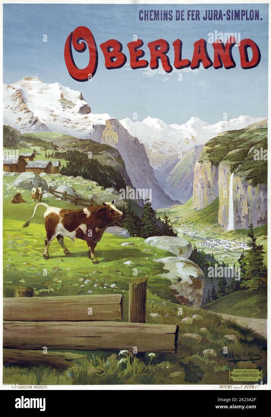 FREDERIC HUGO D'ALESI (1849-1906) Poster di viaggio Oberland, Svizzera, Chemins de fer Jura-Simplon, c 1890-1900 Poster ferroviario Foto Stock