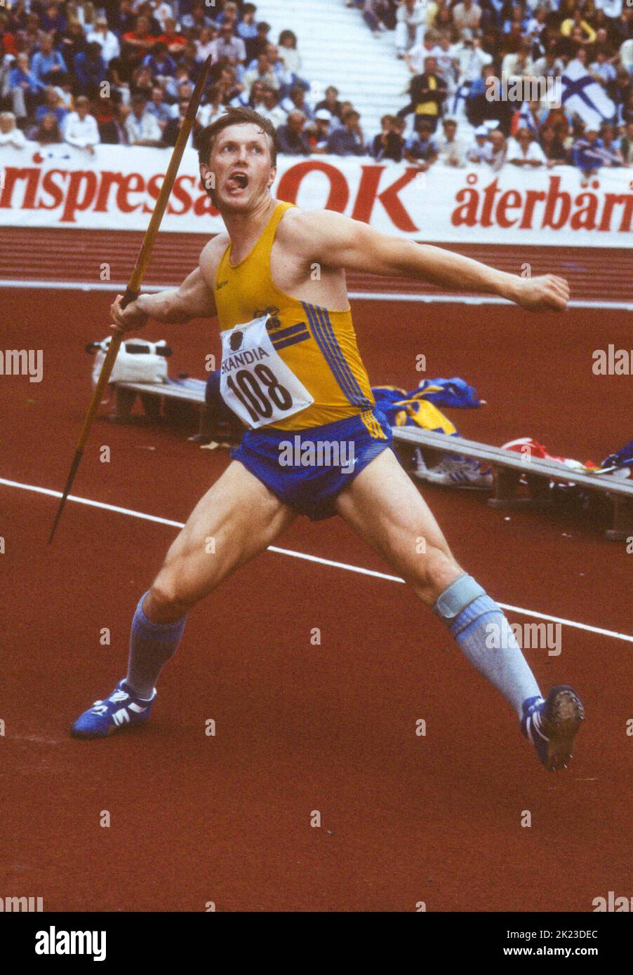 KENNH ELDEBRINK atleta svedese nel javelin Mens tiro eventhe ha vinto una medaglia di bronzo nelle olimpiadi estive 1984 a Los Angeles Foto Stock