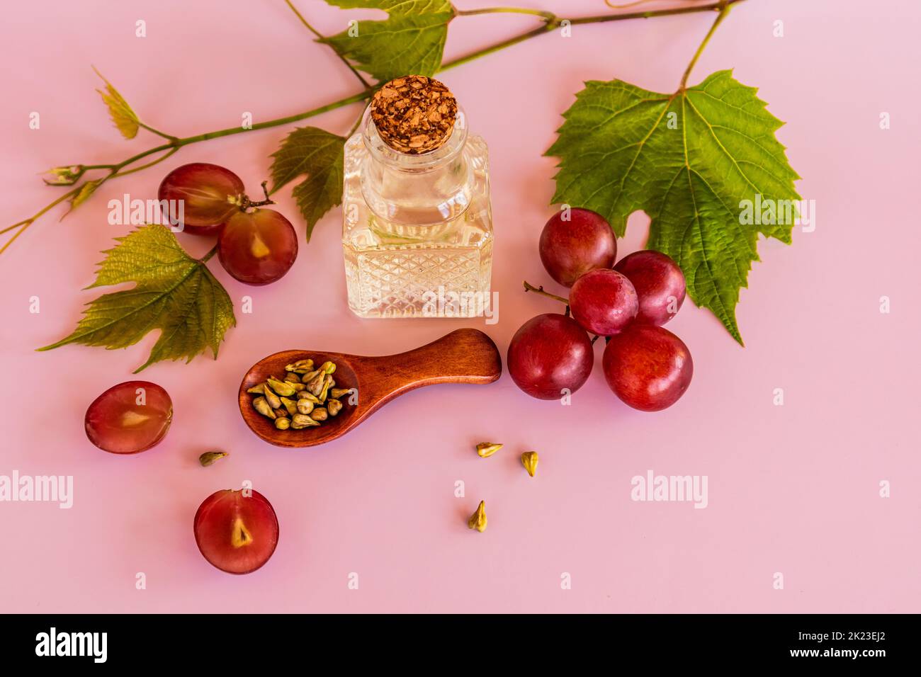 olio di semi d'uva in una bottiglia di vetro goffrato su fondo rosa e una vite. il concetto di ringiovanimento, idratazione e relax Foto Stock