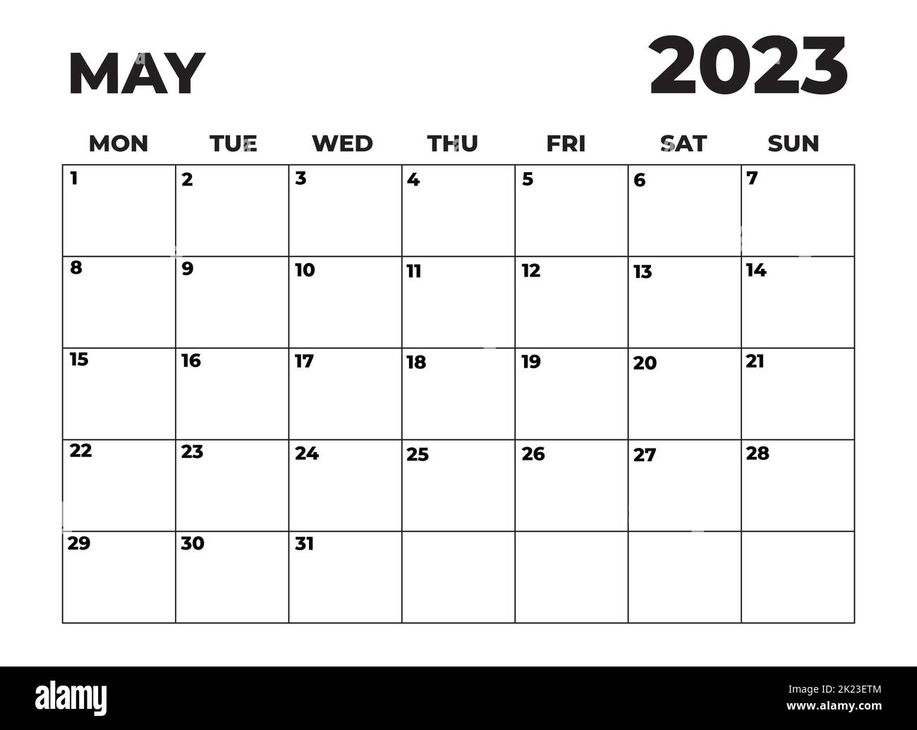 2023 maggio Lunedì in bianco e nero inizia la pianificazione mensile paesaggistica Foto Stock